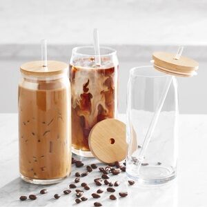Glass Tumbler Set of 4 with Bamboo Lids and glass Straws bundle